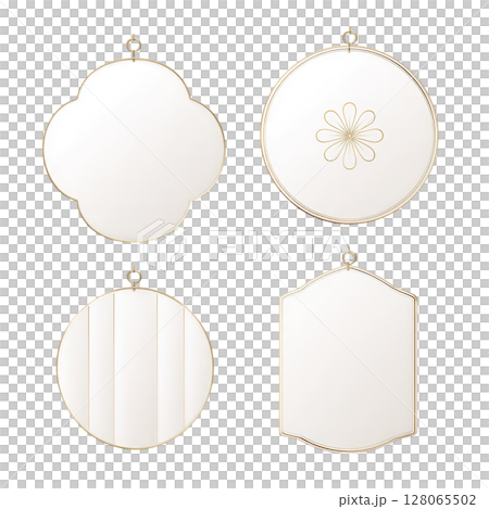 Elegant wall mirrors with various shapes and gold accents, including round, floral, and geometric designs, are displayed against transparency background. These decorative pieces add sophistication 128065502