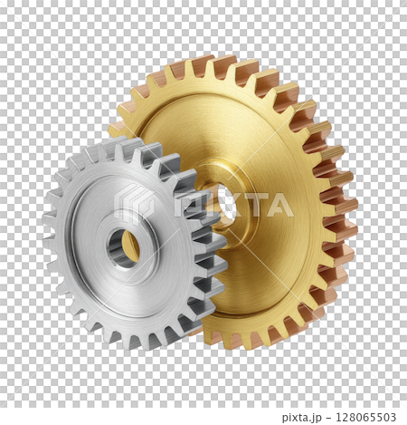 Two interlocking metal gears, one silver and one gold, symbolize teamwork and precision in mechanical engineering. shiny surfaces reflect light, highlighting their intricate design Two interlocking metal gears, one silver and one gold, symbolize teamwork and precision in mechanical engineering. shiny surfaces reflect light, highlighting their intricate design 128065503
