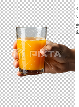 Hand holding glass of fresh orange juice, natural beverage, healthy drink, isolated on transparent background, vitamin c Hand holding glass of fresh orange juice, natural beverage, healthy drink, isolated on transparent background, vitamin c 128065617
