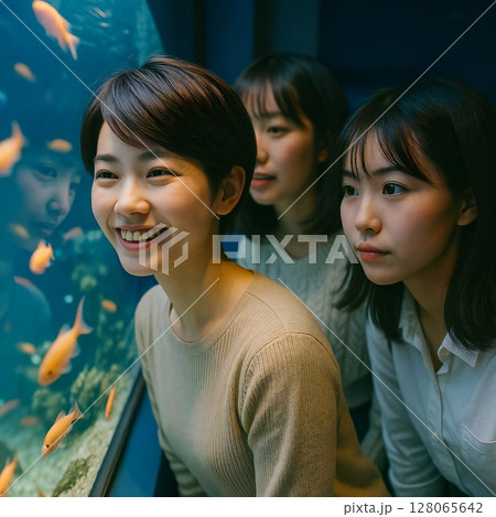 水槽に顔を近づけてじっと見つめる真剣な3人の画像を生成しました 水槽に顔を近づけてじっと見つめる真剣な3人の画像を生成しました 128065642