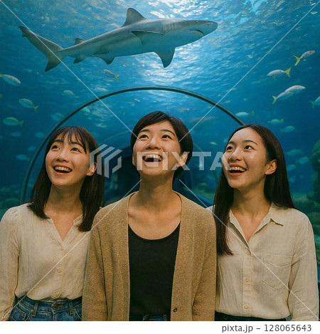 水中トンネルを見上げながら歩く仲良し3人の画像を生成しました 水中トンネルを見上げながら歩く仲良し3人の画像を生成しました 128065643