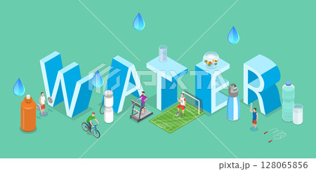 3D Isometric Flat Vector Illustration of Drink More Water, Characters Stay Hydrated 128065856