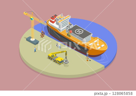 3D Isometric Flat Vector Illustration of Marine Industry, Innovative Idea For Constructing Ships 128065858