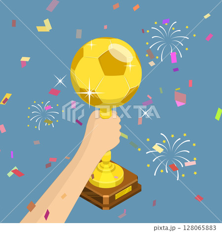 3D Isometric Flat Vector Illustration of Gold Cup, Soccer Ball Shaped Trophy Held By Winning Team Player 128065883