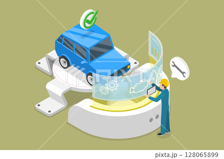3D Isometric Flat Vector Illustration of Innovative Car Repair, Interacting With Virtual User Interface 3D Isometric Flat Vector Illustration of Innovative Car Repair, Interacting With Virtual User Interface 128065899