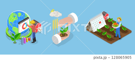 3D Isometric Flat Vector Illustration of Rainwater Harvesting, Conservation And Rehabilitation Farming System Concept 128065905