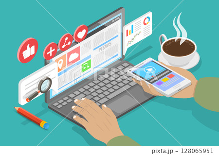 3D Isometric Flat Vector Illustration of Technology And Communication, Man Engaging With Augmented Reality Content And News On Smartphone While Reading Magazine. 128065951
