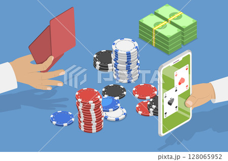 3D Isometric Flat Vector Illustration of Gambling, Online Poker, Featuring Hand Holding Two Aces Surrounded By Chips 128065952