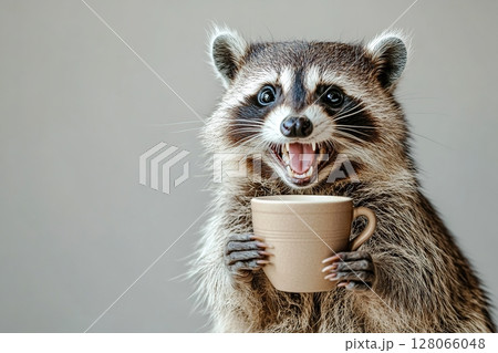 Cute raccoon with cup of tea on grey background Cute raccoon with cup of tea on grey background 128066048