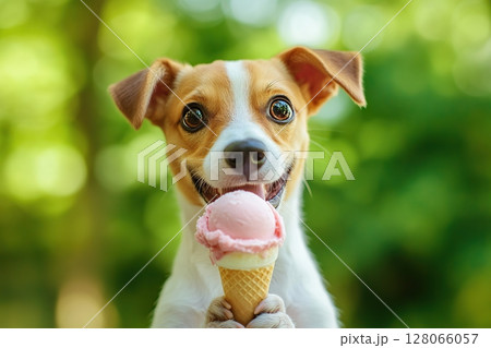 Funny jack russell dog with ice cream on blurred green background 128066057