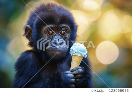 Funny gorilla baby eating ice cream on blurred background 128066058