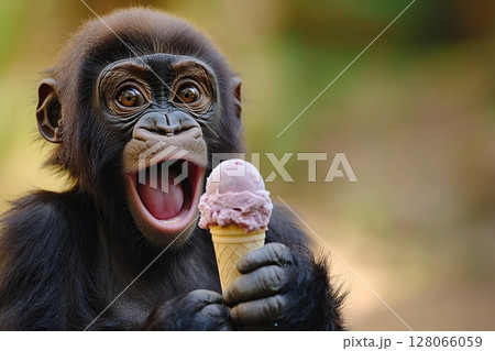 Funny gorilla baby eating ice cream on blurred background Funny gorilla baby eating ice cream on blurred background 128066059