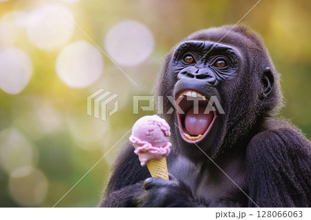 Funny gorilla eating ice cream on blurred background 128066063