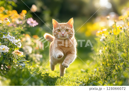 Cute ginger cat running between the flower rows in the park Cute ginger cat running between the flower rows in the park 128066072
