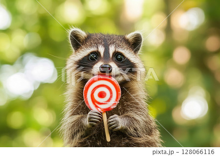 Cute raccoon with lollipop on blurred green background 128066116