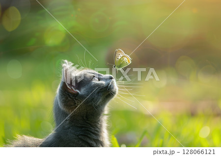 Grey cat playing with butterfly in the park 128066121