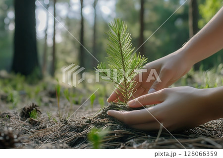 Female hands taking care of small pine tree sapling in the forest 128066359