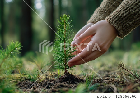 Female hands taking care of small pine tree sapling in the forest 128066360