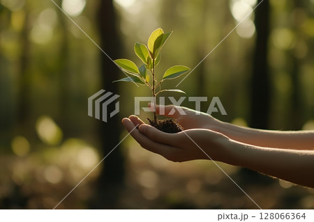Female hands taking care of small tree sapling in the forest 128066364