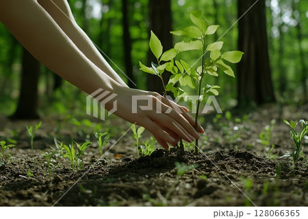 Female hands taking care of small tree sapling in the forest 128066365