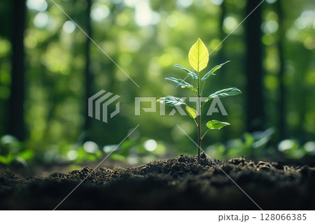 Young tree sapling planted in forest soil Young tree sapling planted in forest soil 128066385