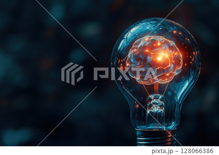Digital brain inside a lightbulb on dark background, artificial intelligence technology Digital brain inside a lightbulb on dark background, artificial intelligence technology 128066386