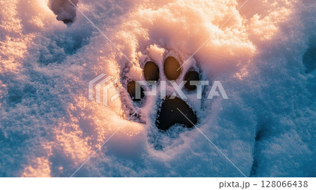 Dog foot print on white snow with sun rays 128066438