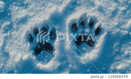Dog foot prints on white snow 128066439