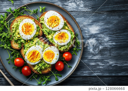 Delicious toast bread with avocado, boiled egg, tomatoes and microgreen 128066668