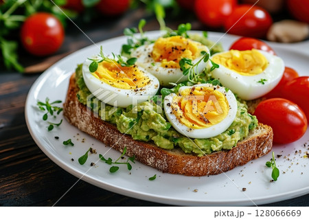 Delicious toast bread with avocado, boiled egg, tomatoes and microgreen 128066669