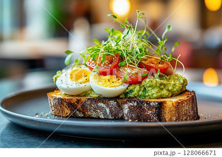Delicious toast bread with avocado, boiled egg, tomatoes and microgreen on blurred restaurant background 128066671