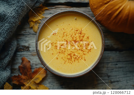 Pumpkin soup with cream and seeds Pumpkin soup with cream and seeds 128066712