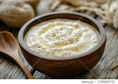 Pumpkin soup with cream and seeds 128066715