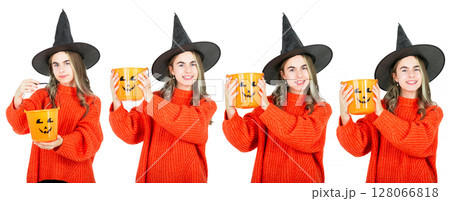 Portrait smiling girl in witch black hat, with pumpkin jack sweet candy. Isolated white background 128066818