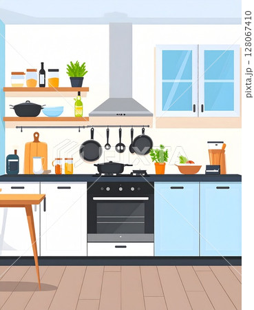 フライパンと調味料が整った家庭キッチン 128067410