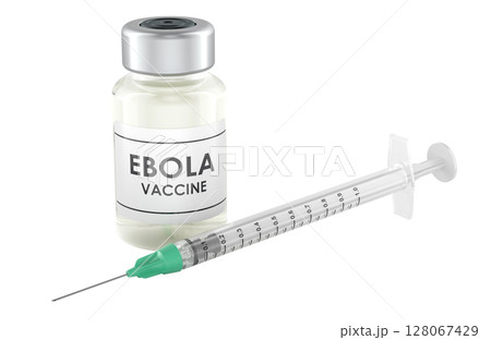 Ebola vaccine vial and syringe. 3D rendering 128067429