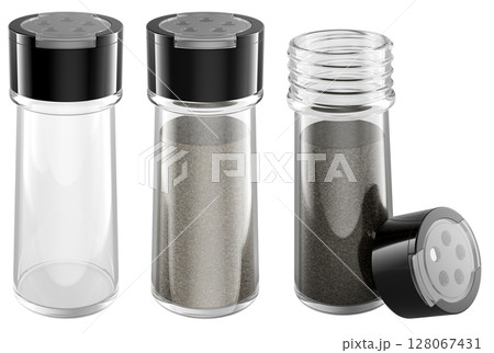Glass spice jars with black lids. one empty, two filled with ground black pepper, one with open lid. 3D rendering Glass spice jars with black lids. one empty, two filled with ground black pepper, one with open lid. 3D rendering 128067431