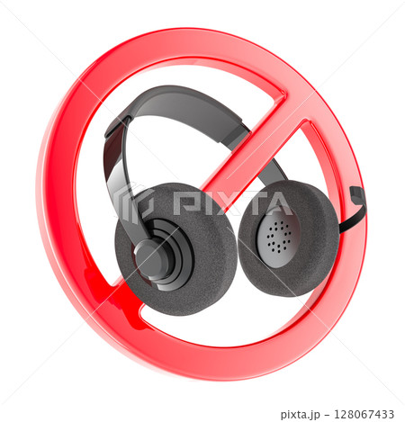 Headset in prohibition sign, no headphones symbol. 3D rendering 128067433