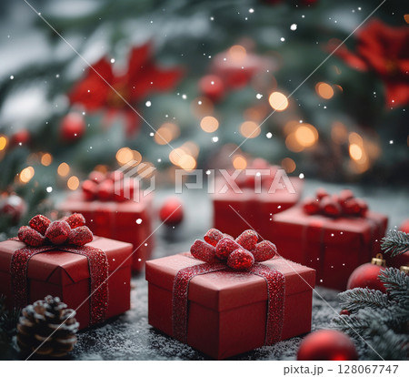 craft yellow gift box glitter holiday background copy space banner Merry Christmas New Year 128067747
