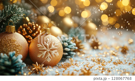 craft yellow gift box glitter holiday background copy space banner Merry Christmas New Year 128067768