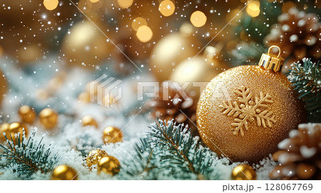 craft yellow gift box glitter holiday background copy space banner Merry Christmas New Year 128067769