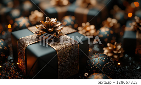 Holiday Merry Christmas, Happy New Year, craft gift box. Flat lay, copy space, monochrome style 128067815