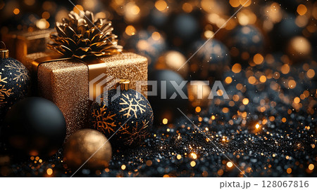 Holiday Merry Christmas, Happy New Year, craft gift box. Flat lay, copy space, monochrome style 128067816