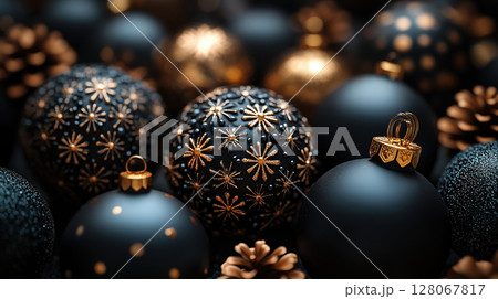 Merry Christmas, Happy New Year. Christmas balls, golden snowflakes. Flat lay, copy space, dark gold 128067817