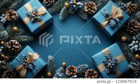 Blue background flat lay, luxury gift boxes. Golden yellow blue ribbons. Holiday Christmas, New Year 128067819