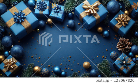Blue background flat lay, luxury gift boxes. Golden yellow blue ribbons. Holiday Christmas, New Year 128067820