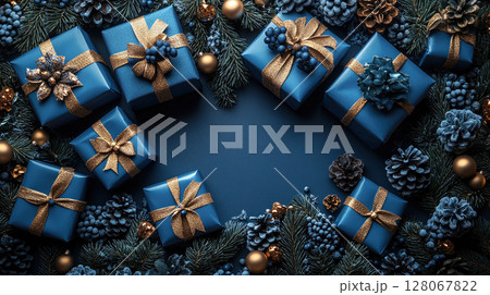 Blue background flat lay, luxury gift boxes. Golden yellow blue ribbons. Holiday Christmas, New Year 128067822