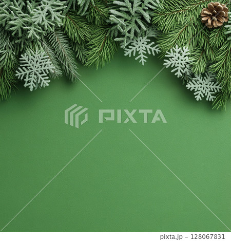 Holiday Merry Christmas, Happy New Year. Green background green Christmas snowflakes close up 128067831