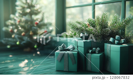 Holiday Christmas, New Year. Close-up green luxury gift boxes. red ribbons, flat lay, sale, banner 128067832