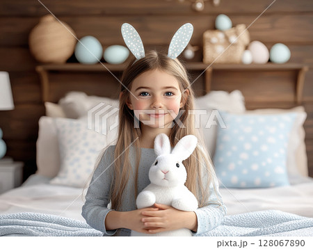 Happy girl bunny ears headband holding rabbit. Easter concept. Holidays, copy space, greeting cards Happy girl bunny ears headband holding rabbit. Easter concept. Holidays, copy space, greeting cards 128067890